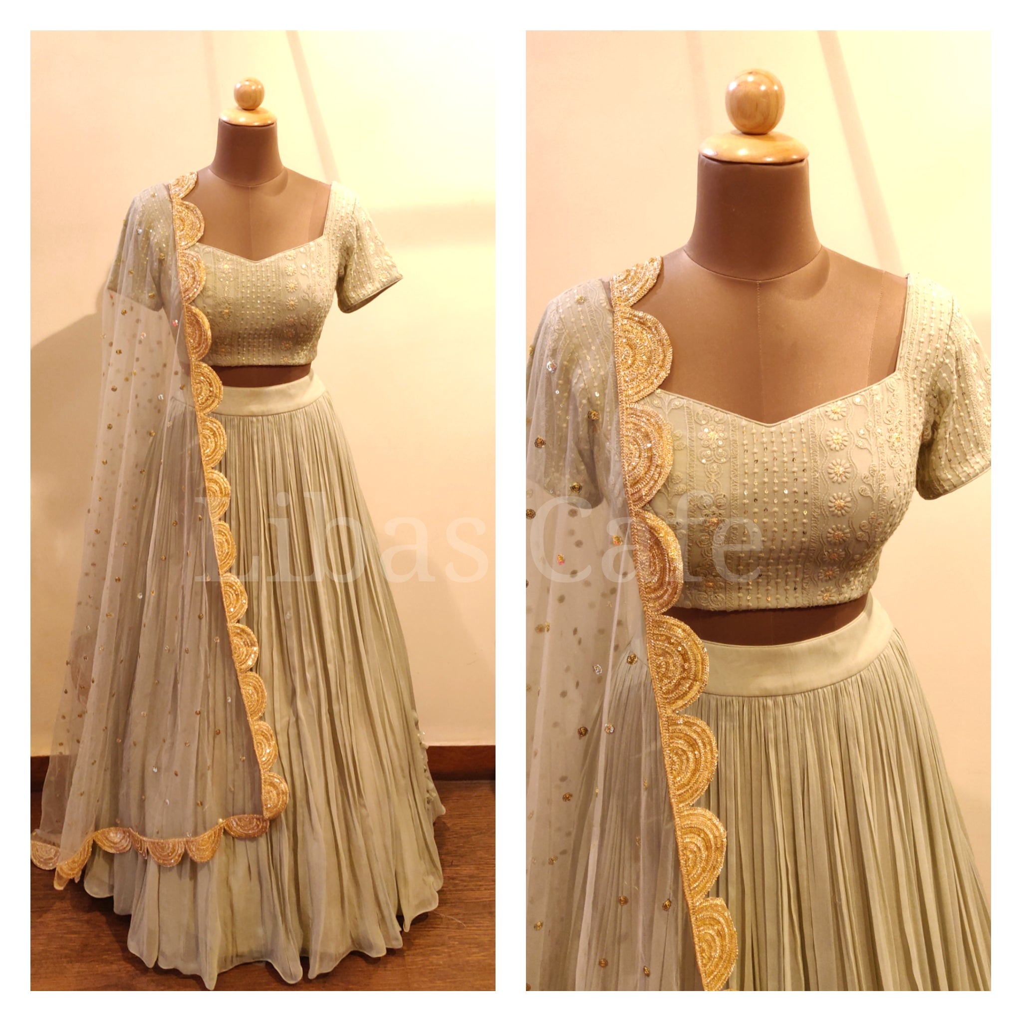 Light Olive Lakhnavi Lehenga